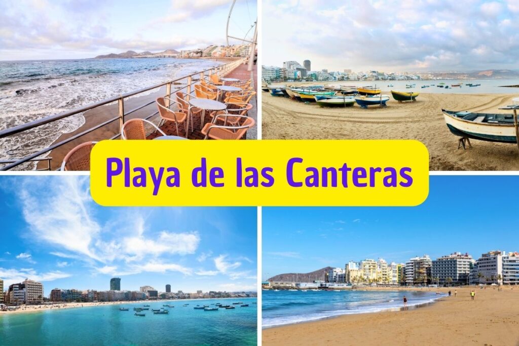 Vista Panorámica de Playa de las Canteras en Las Palmas de Gran Canaria: Una vista impresionante de la extensa Playa de las Canteras, donde la arena dorada se encuentra con las aguas cristalinas del Atlántico.